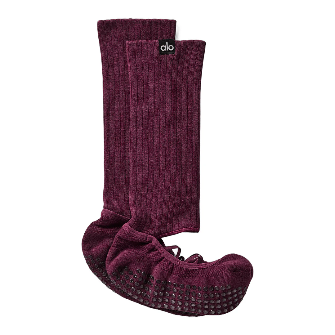 alo Women's Strappy Siren Grip Sock - Burgundy