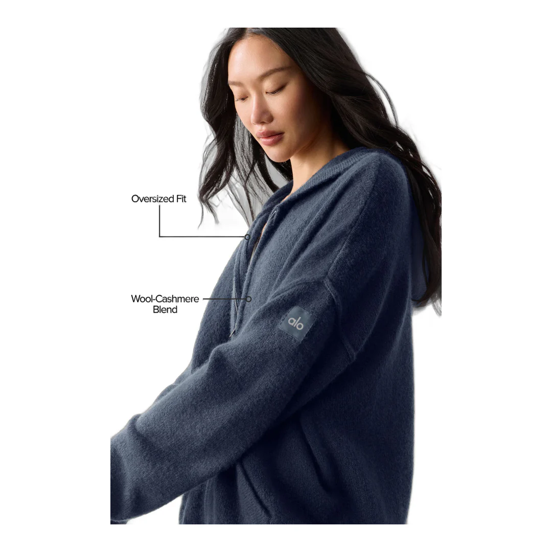 alo Wool Cashmere New Class Full Zip Hoodie - Navy - Image 2