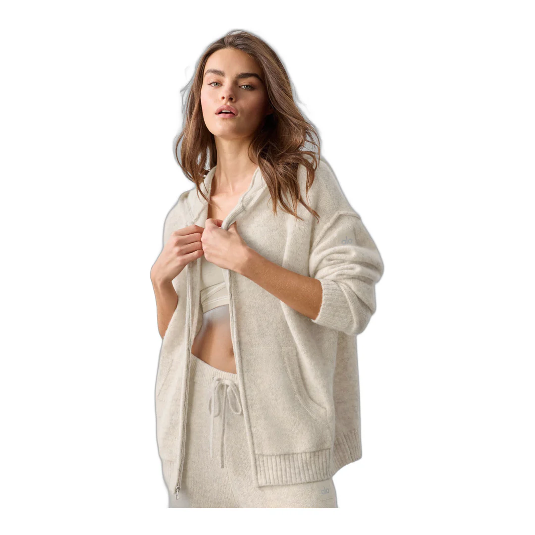 alo Wool Cashmere New Class Full Zip Hoodie - Oatmeal Heather - Image 2