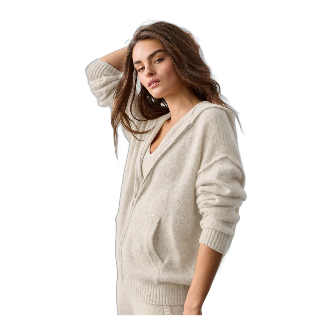 alo Wool Cashmere New Class Full Zip Hoodie - Oatmeal Heather - Image 3