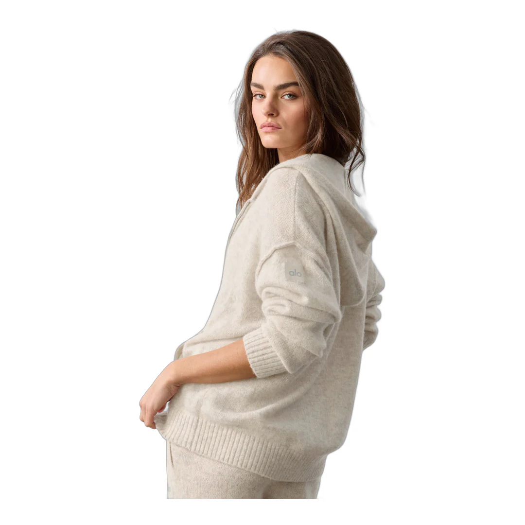 alo Wool Cashmere New Class Full Zip Hoodie - Oatmeal Heather - Image 4