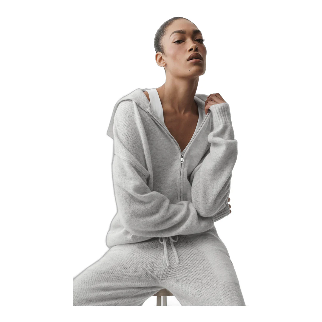 alo Wool Cashmere New Class Full Zip Hoodie - White Heather - Image 4