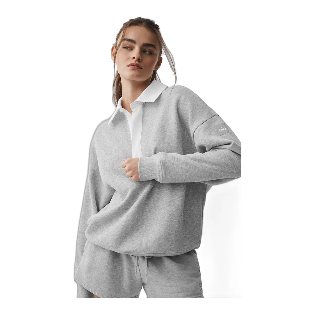 alo Take It Easy Long Sleeve Henley Pullover - Athletic Heather Grey/White