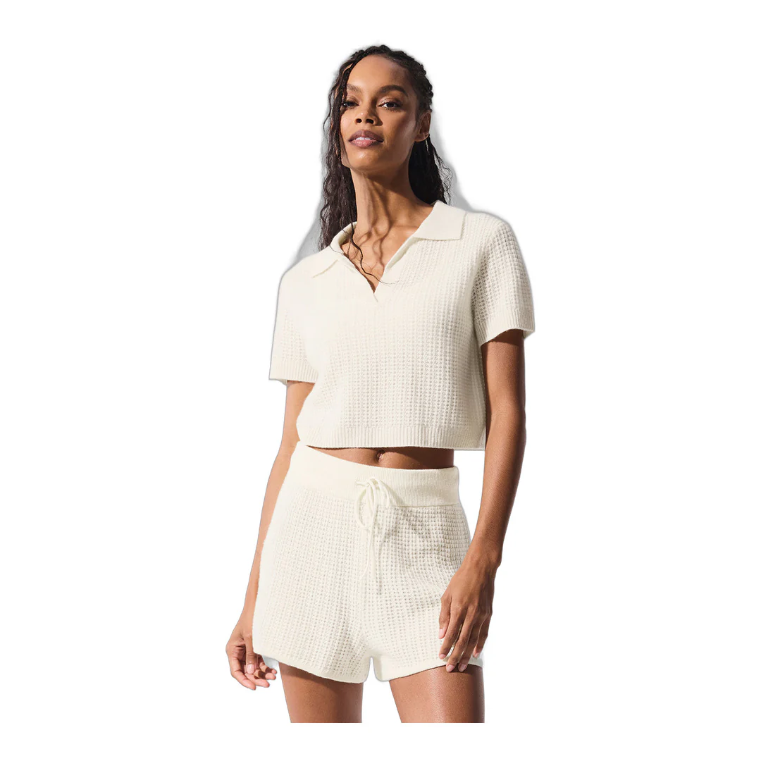 alo Cashmere Plush Waffle Polo Tee - Ivory - Image 4