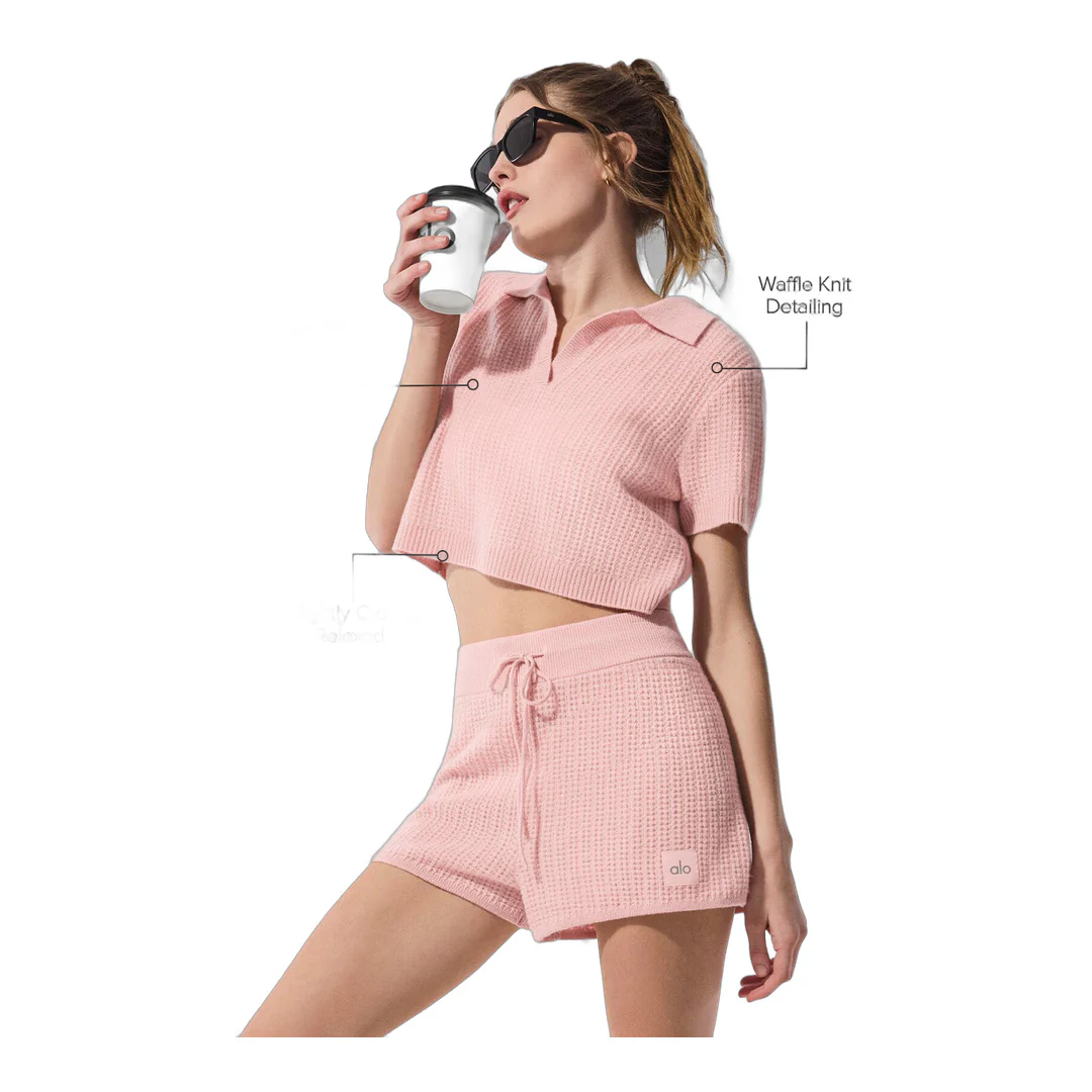 alo Cashmere Plush Waffle Polo Tee - Pink Quartz - Image 2