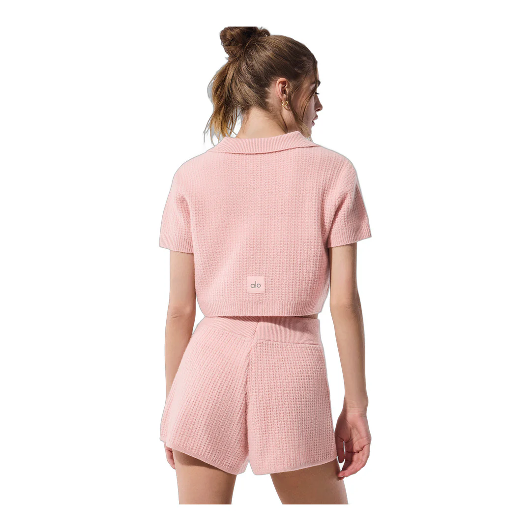 alo Cashmere Plush Waffle Polo Tee - Pink Quartz - Image 3
