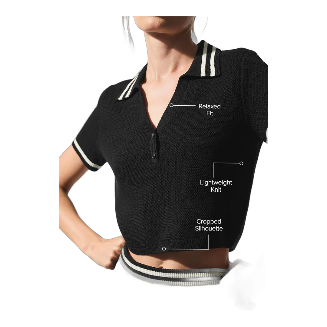 alo Tennis Club Sweater Knit Cropped Polo - Black/Ivory - Image 2
