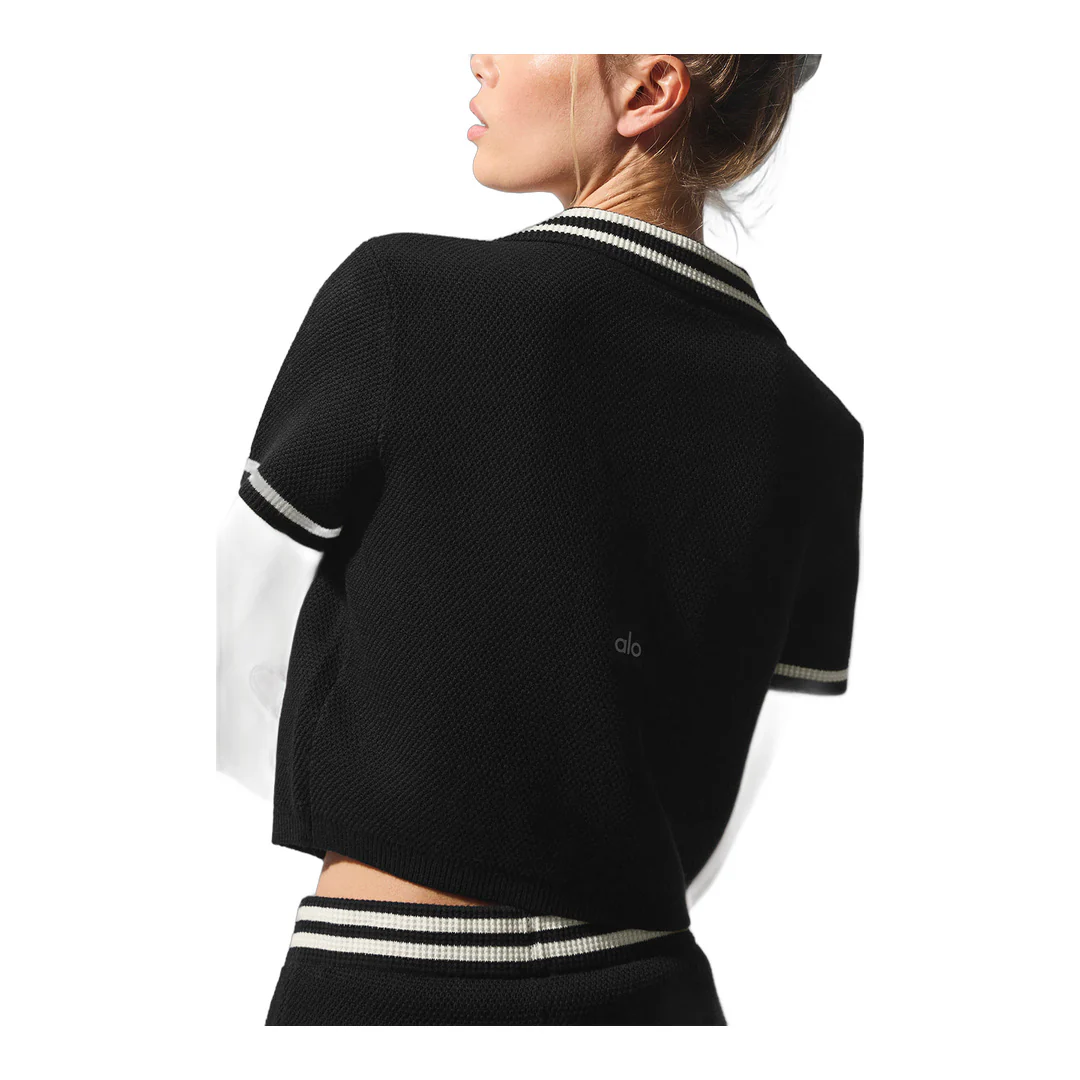 alo Tennis Club Sweater Knit Cropped Polo - Black/Ivory - Image 4