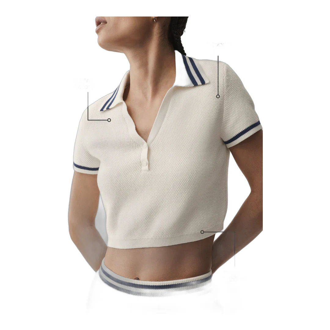 alo Tennis Club Sweater Knit Cropped Polo - Ivory/Navy - Image 2