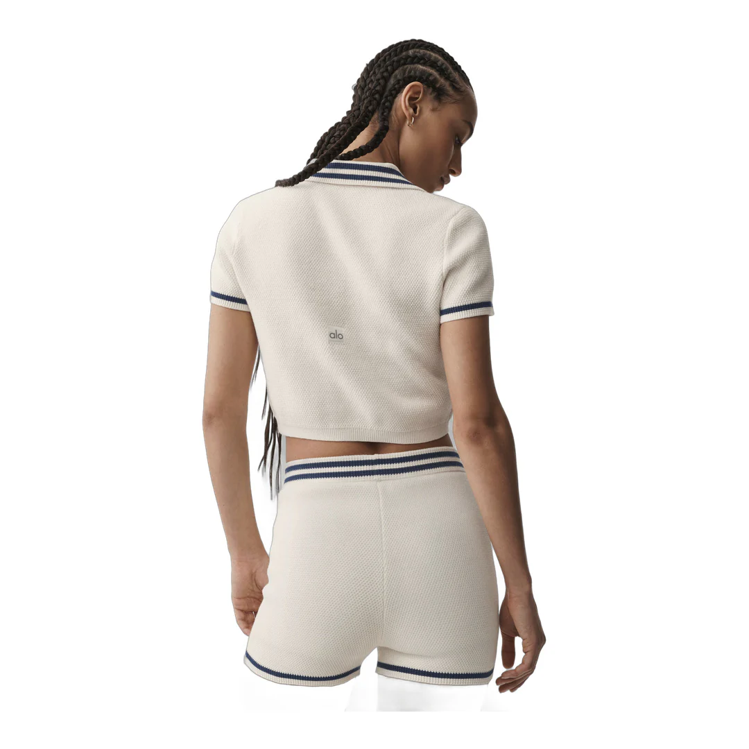 alo Tennis Club Sweater Knit Cropped Polo - Ivory/Navy - Image 3