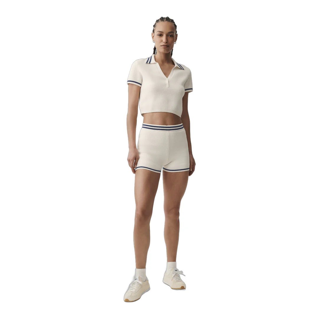alo Tennis Club Sweater Knit Cropped Polo - Ivory/Navy - Image 6