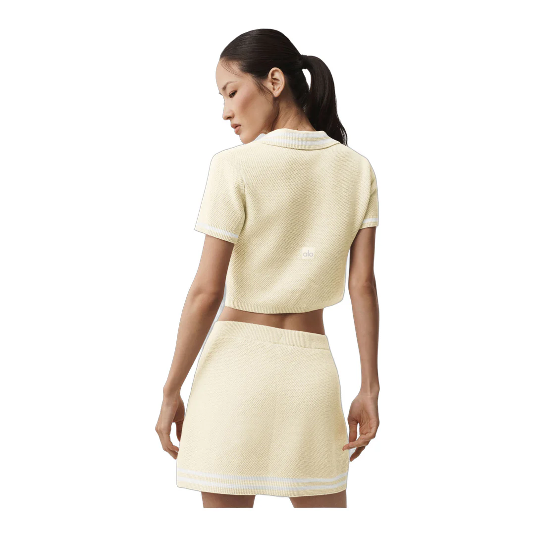 alo Tennis Club Sweater Knit Cropped Polo - Oatmeal/White - Image 2