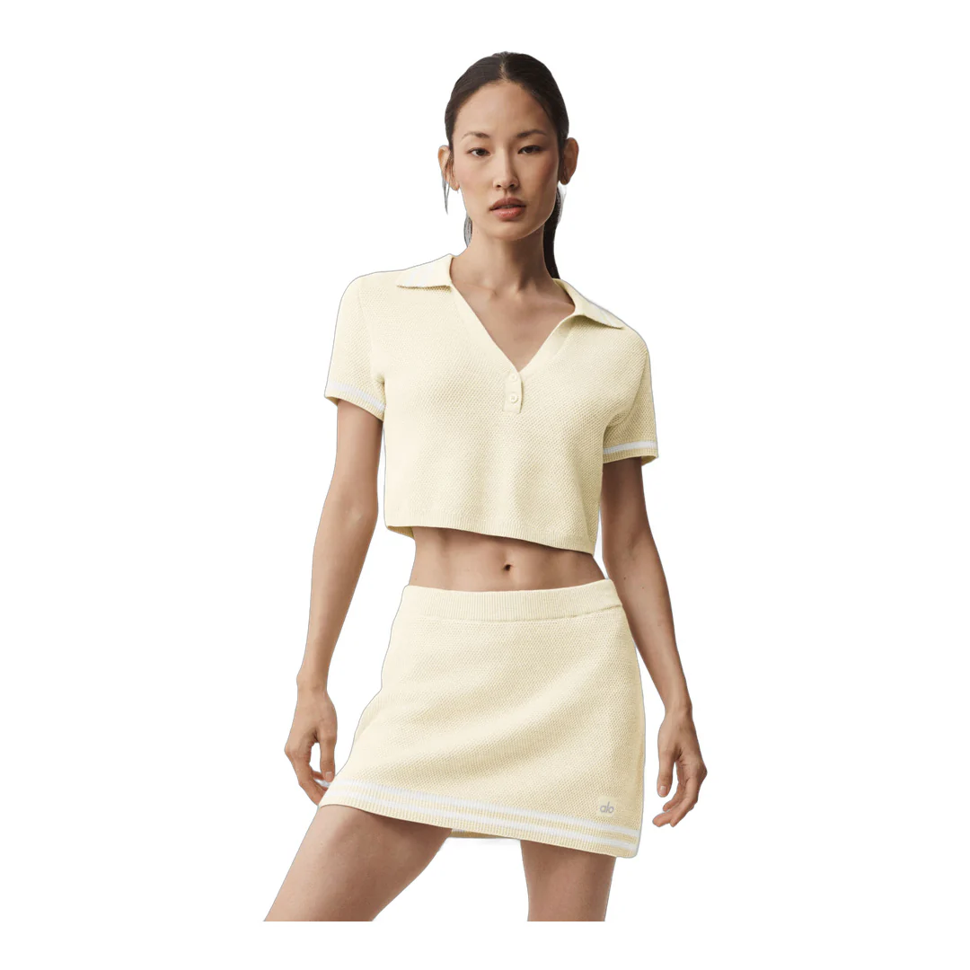 alo Tennis Club Sweater Knit Cropped Polo - Oatmeal/White - Image 3