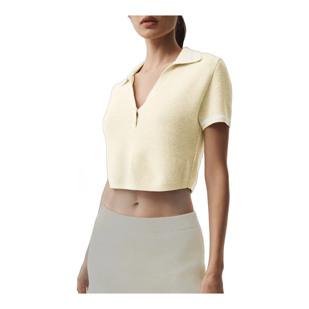 alo Tennis Club Sweater Knit Cropped Polo - Oatmeal/White - Image 4