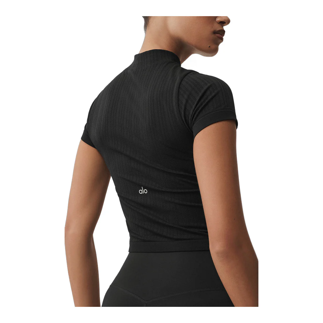 alo Seamless Pointelle Mock Neck Short Sleeve - Black - Image 4