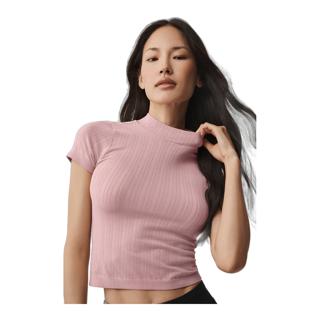 alo Seamless Pointelle Mock Neck Short Sleeve - Vintage Pink - Image 3