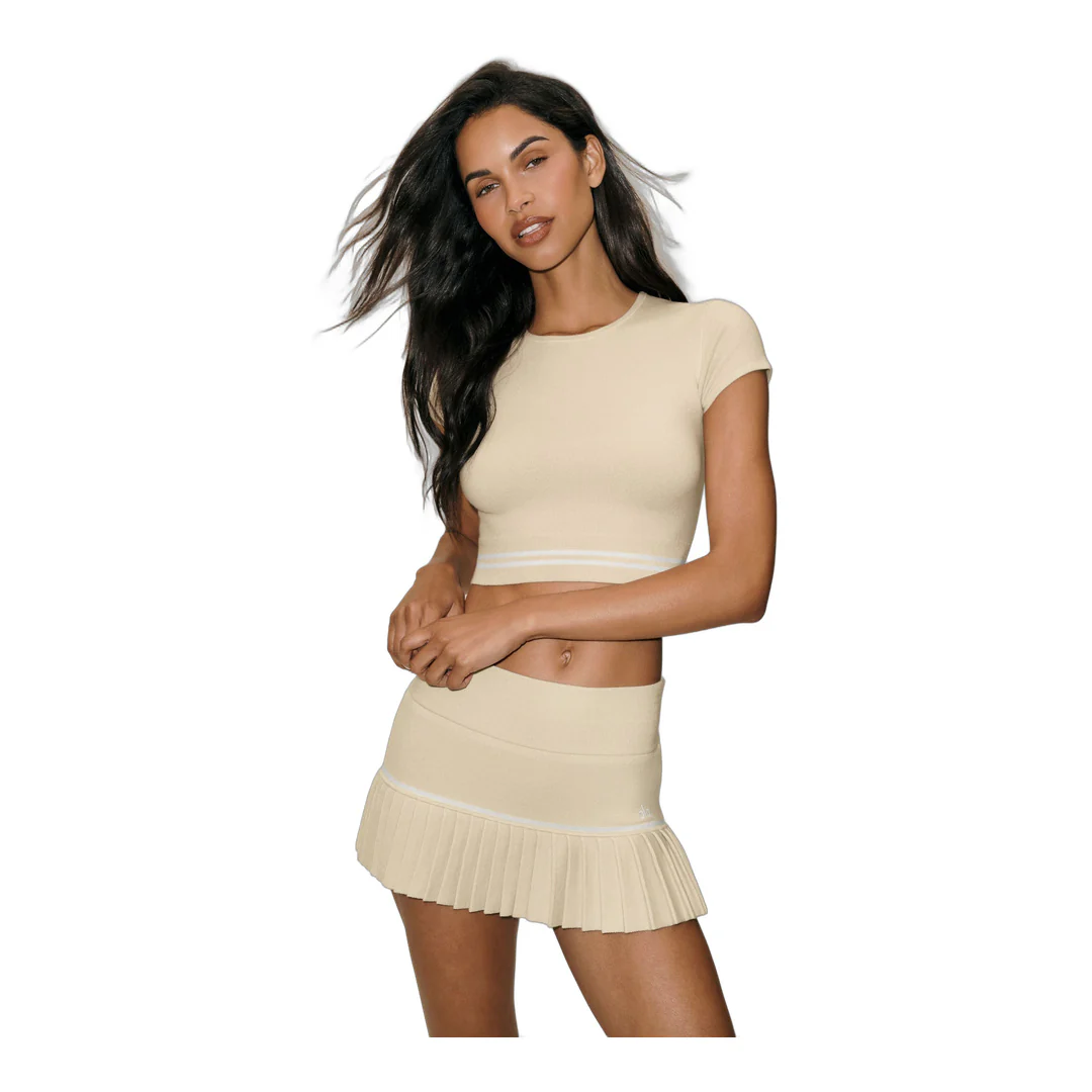alo Cotton Cashmere My Serve Short Sleeve - Sandy Beige/White - Image 5