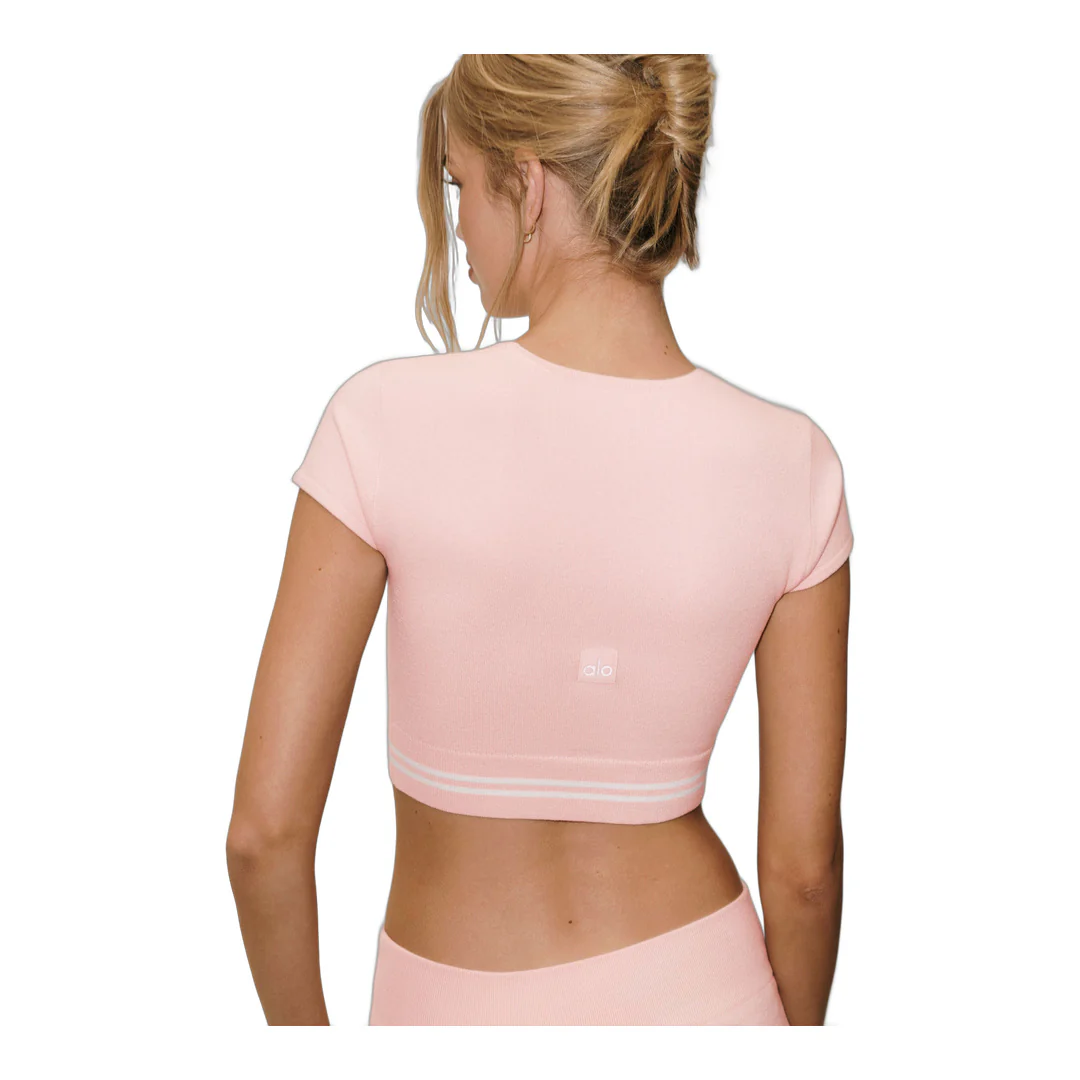 alo Cotton Cashmere My Serve Short Sleeve - Sundrenched Pink/White - Image 4