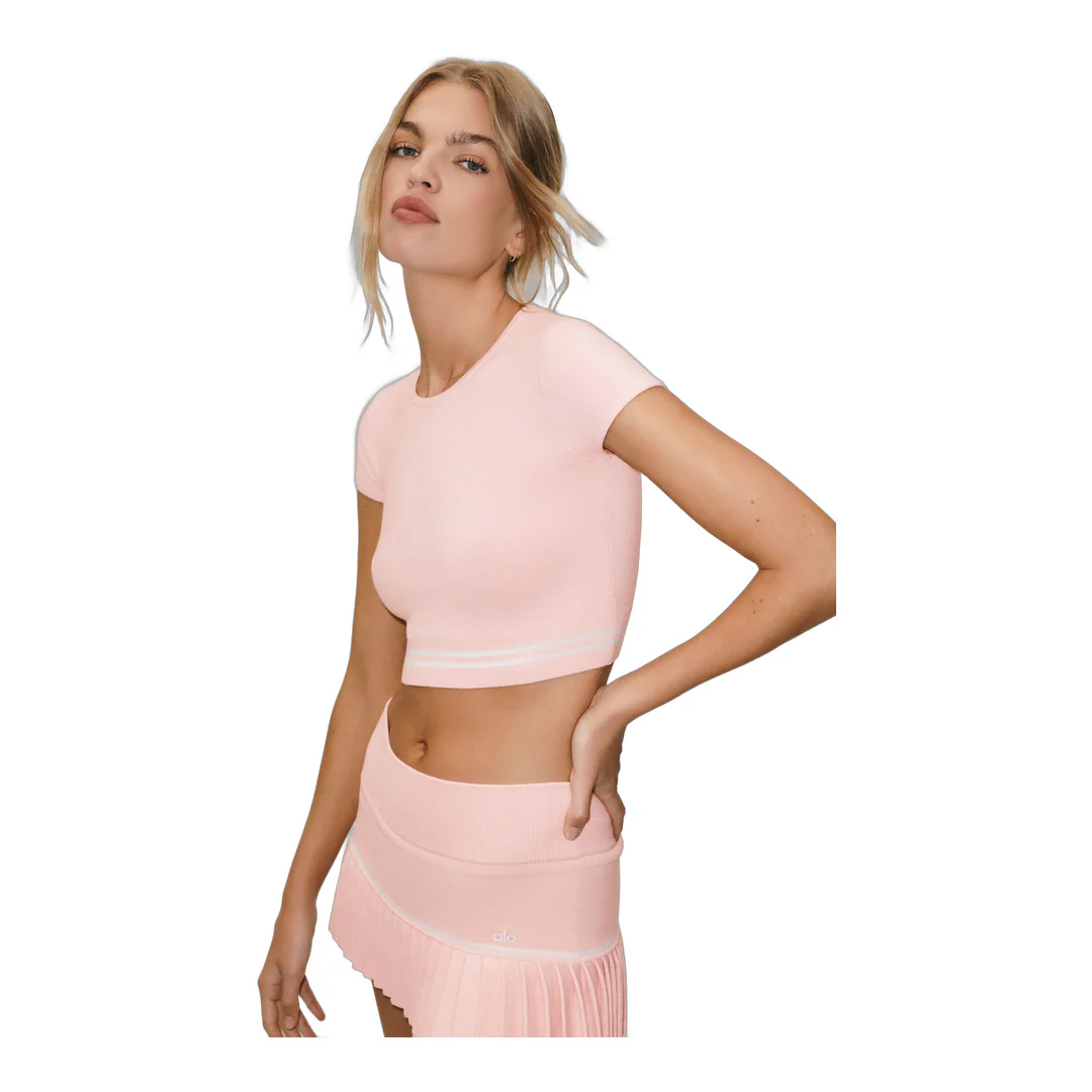 alo Cotton Cashmere My Serve Short Sleeve - Sundrenched Pink/White - Image 5