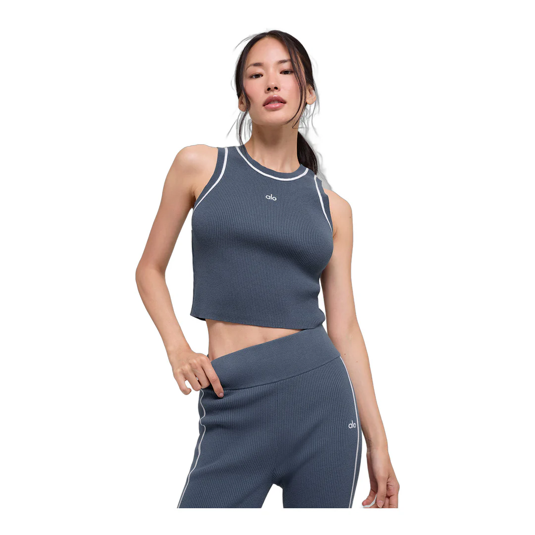alo Ribbed Sweater Knit Highline Cropped Tank - Bluestone/White - Image 2