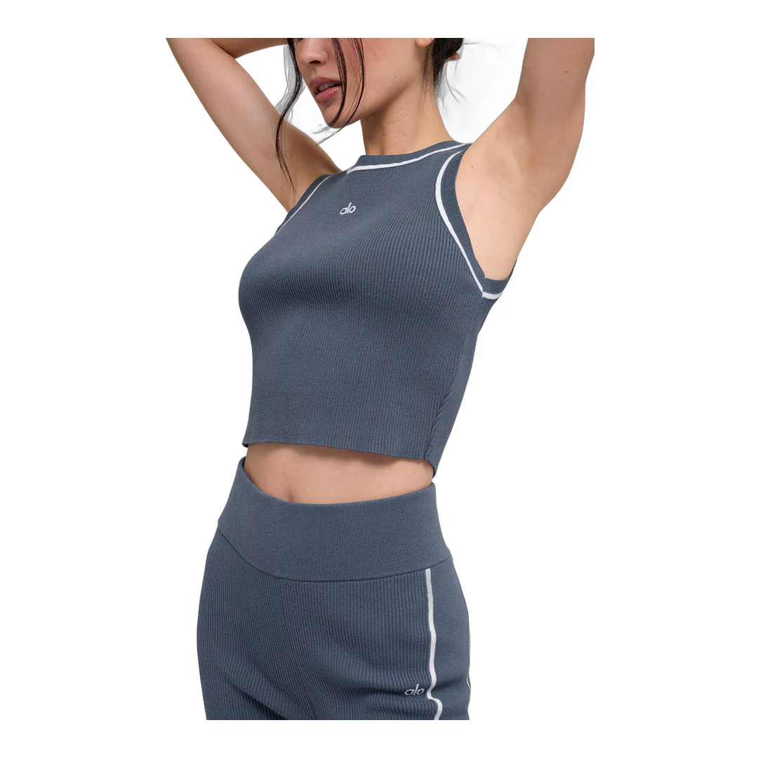 alo Ribbed Sweater Knit Highline Cropped Tank - Bluestone/White - Image 4