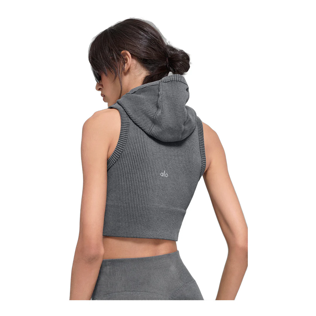 alo Seamless Two Tone Rib Hooded Vest - Dark Misty Grey Heather - Image 3