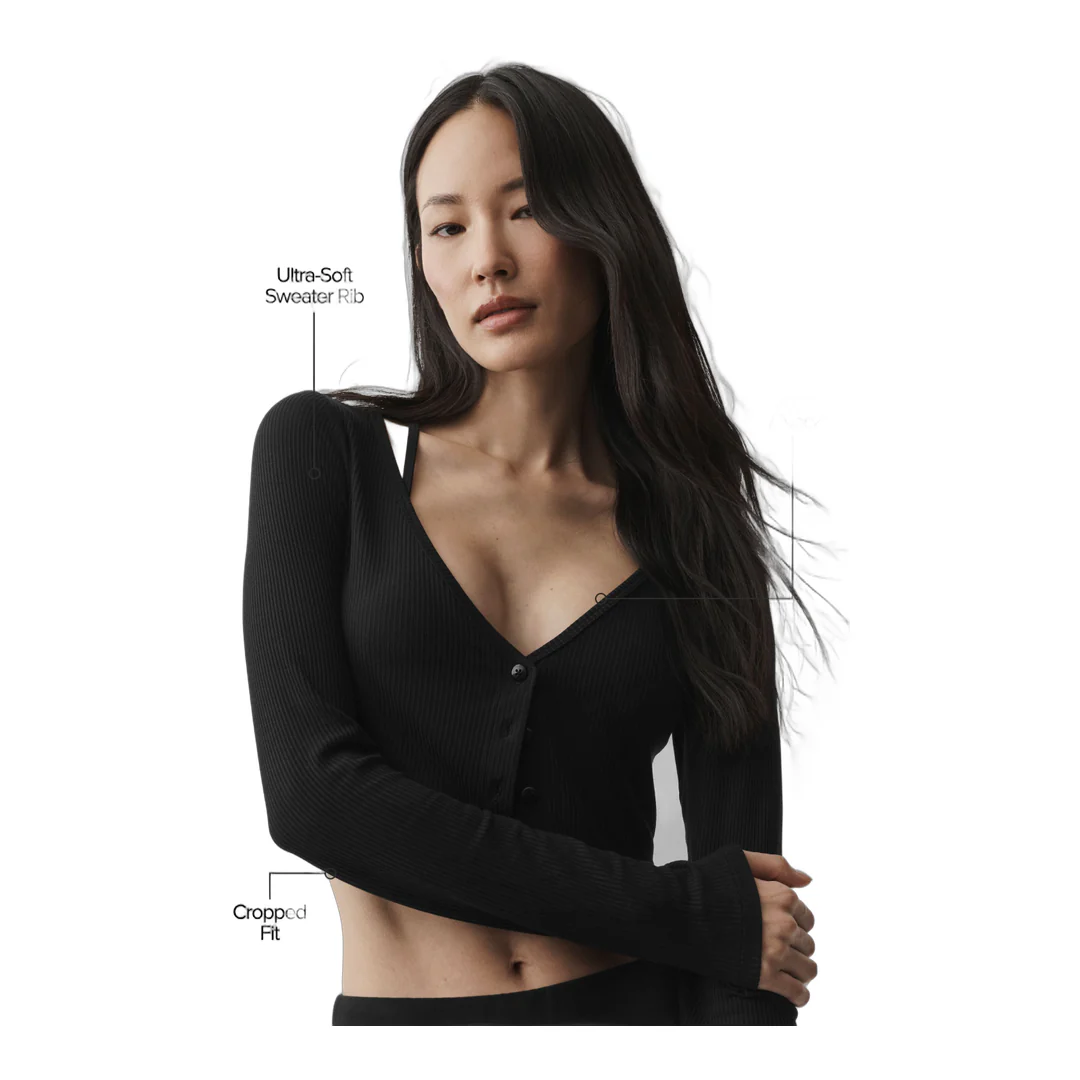 alo Ribbed Cropped Whisper Cardigan - Black - Image 2