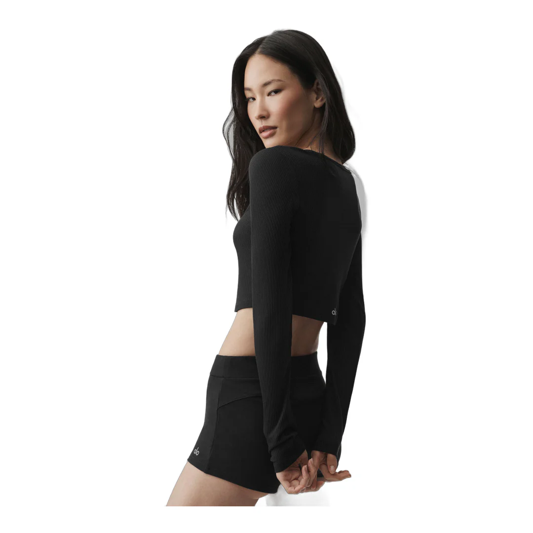 alo Ribbed Cropped Whisper Cardigan - Black - Image 3