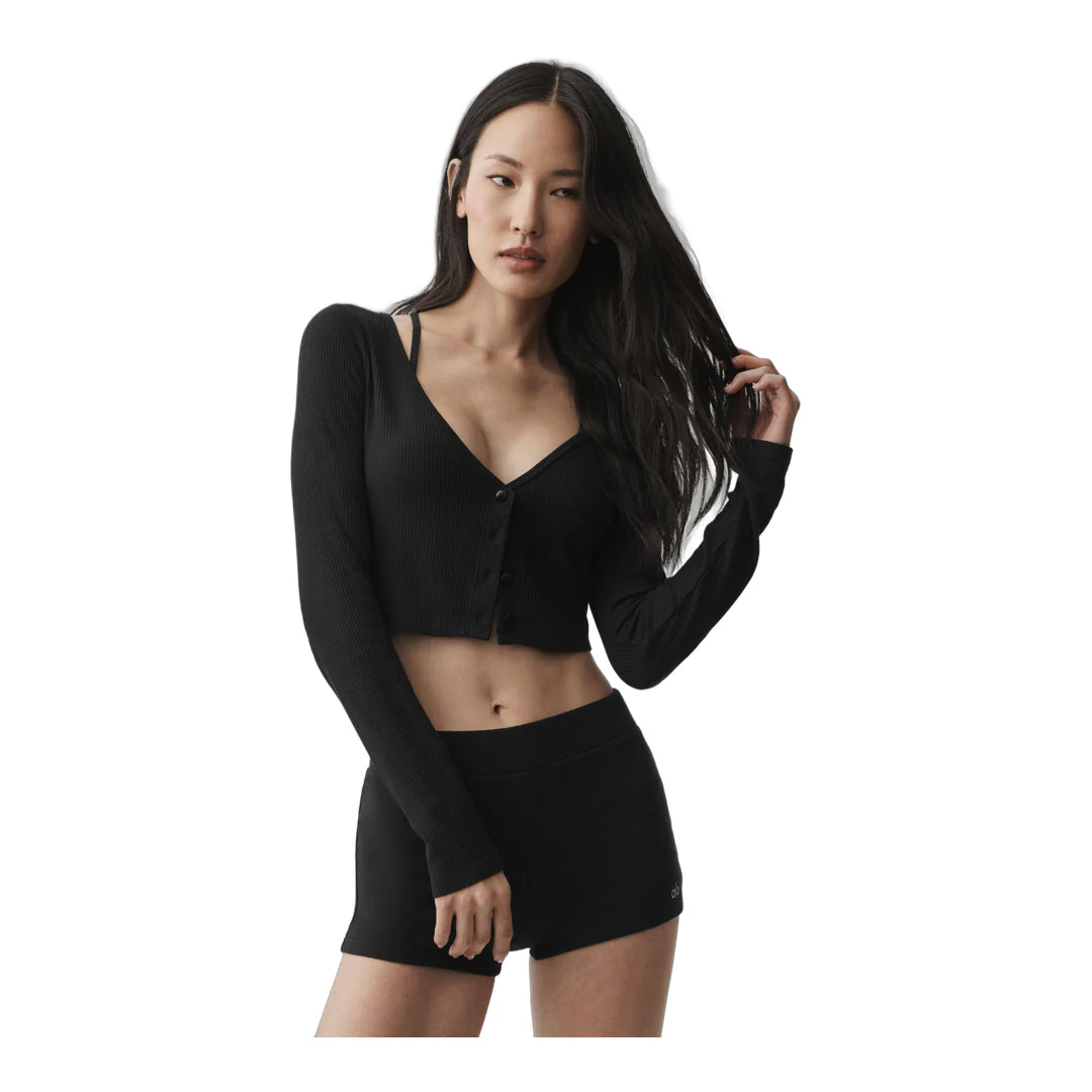 alo Ribbed Cropped Whisper Cardigan - Black - Image 5