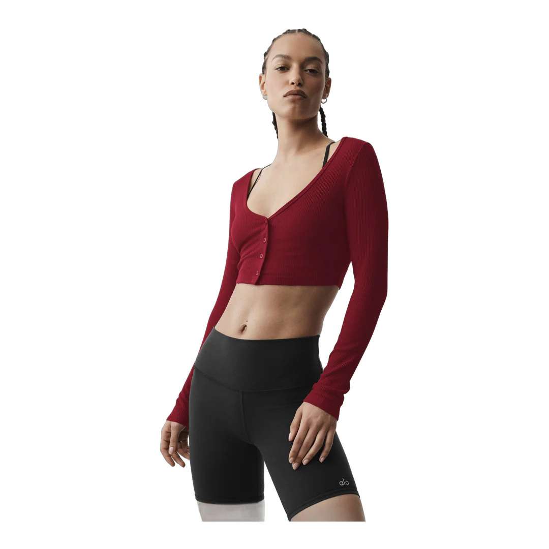 alo Ribbed Cropped Whisper Cardigan - Summer Romance Red - Image 2