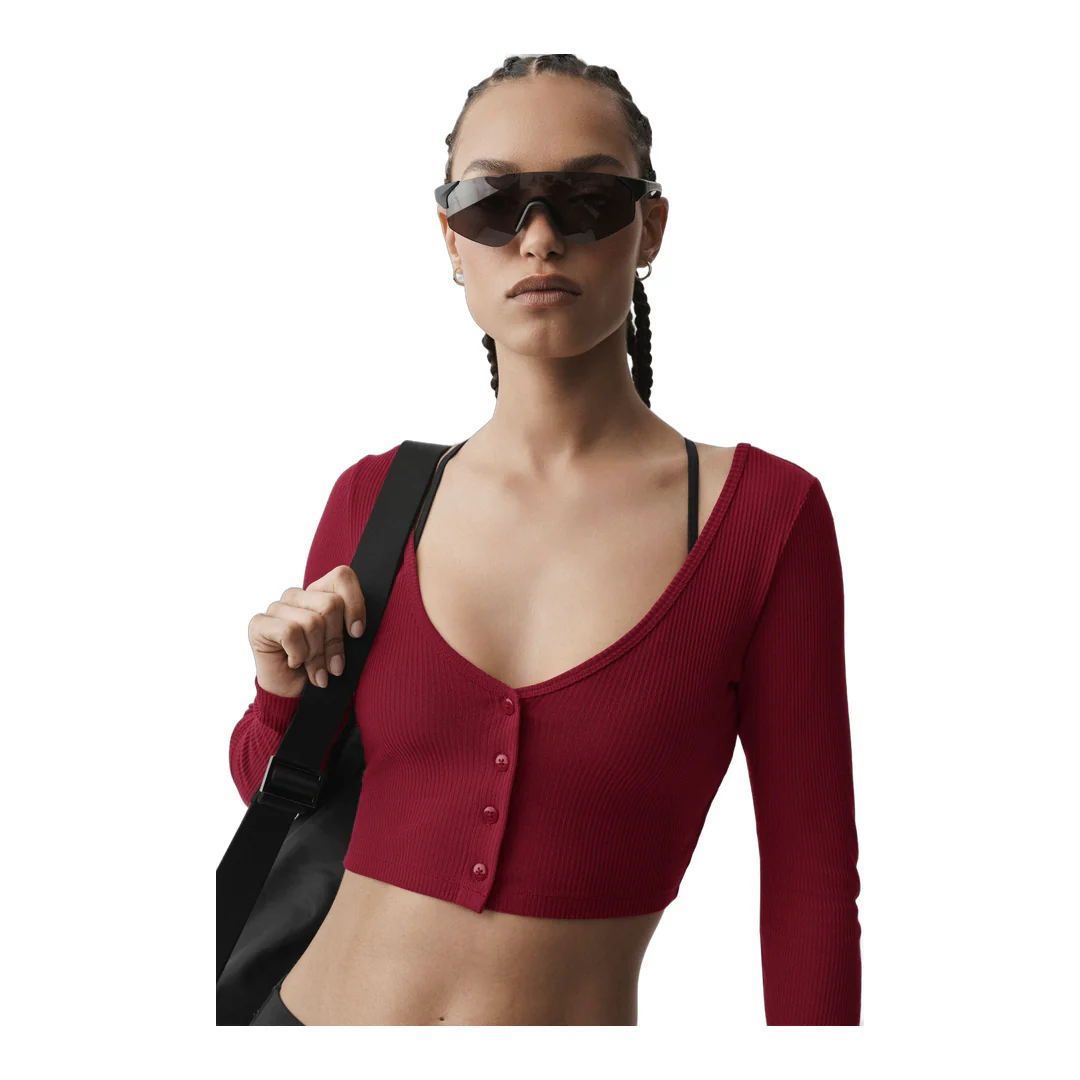 alo Ribbed Cropped Whisper Cardigan - Summer Romance Red - Image 3