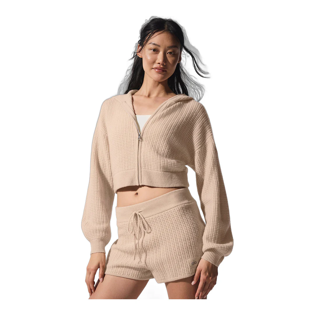 alo Cashmere Plush Waffle Full Zip Hoodie - Macadamia Blush