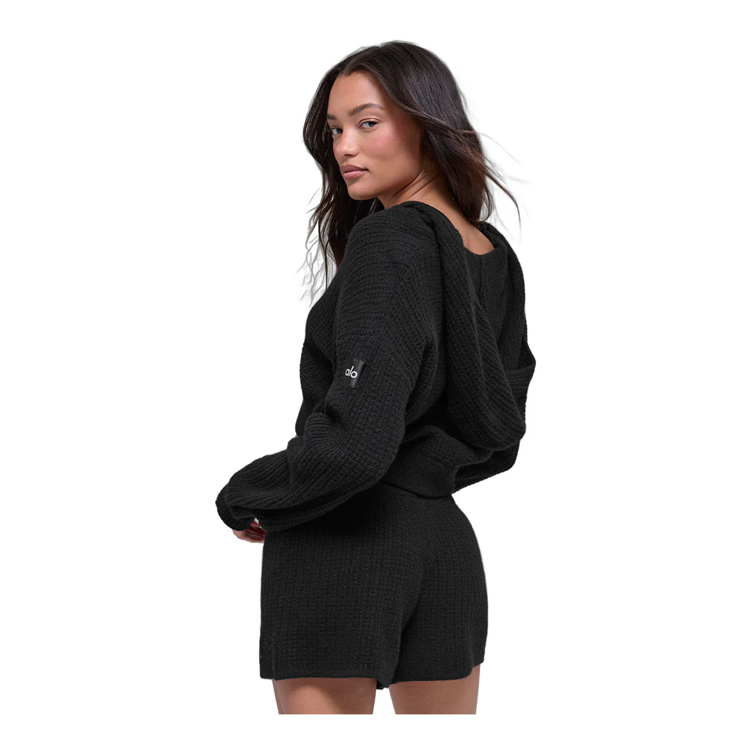 alo Cashmere Plush Waffle Full Zip Hoodie - Black - Image 3