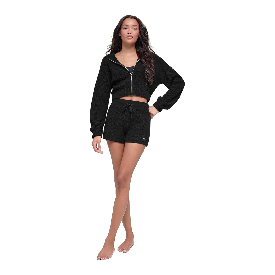 alo Cashmere Plush Waffle Full Zip Hoodie - Black - Image 4