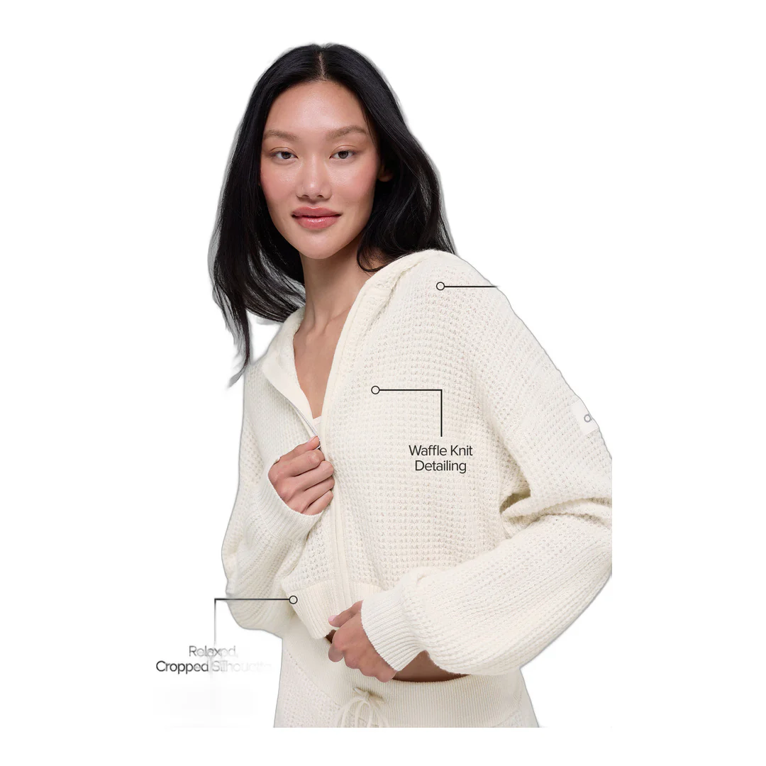 alo Cashmere Plush Waffle Full Zip Hoodie - Ivory - Image 2