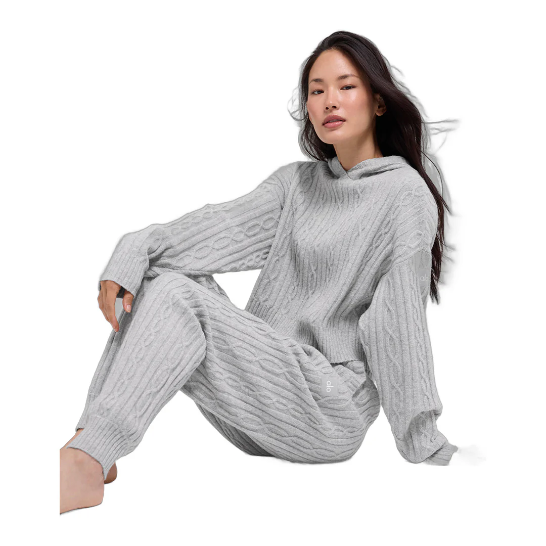 alo Cable Knit Winter Bliss Hoodie - Athletic Heather Grey - Image 5