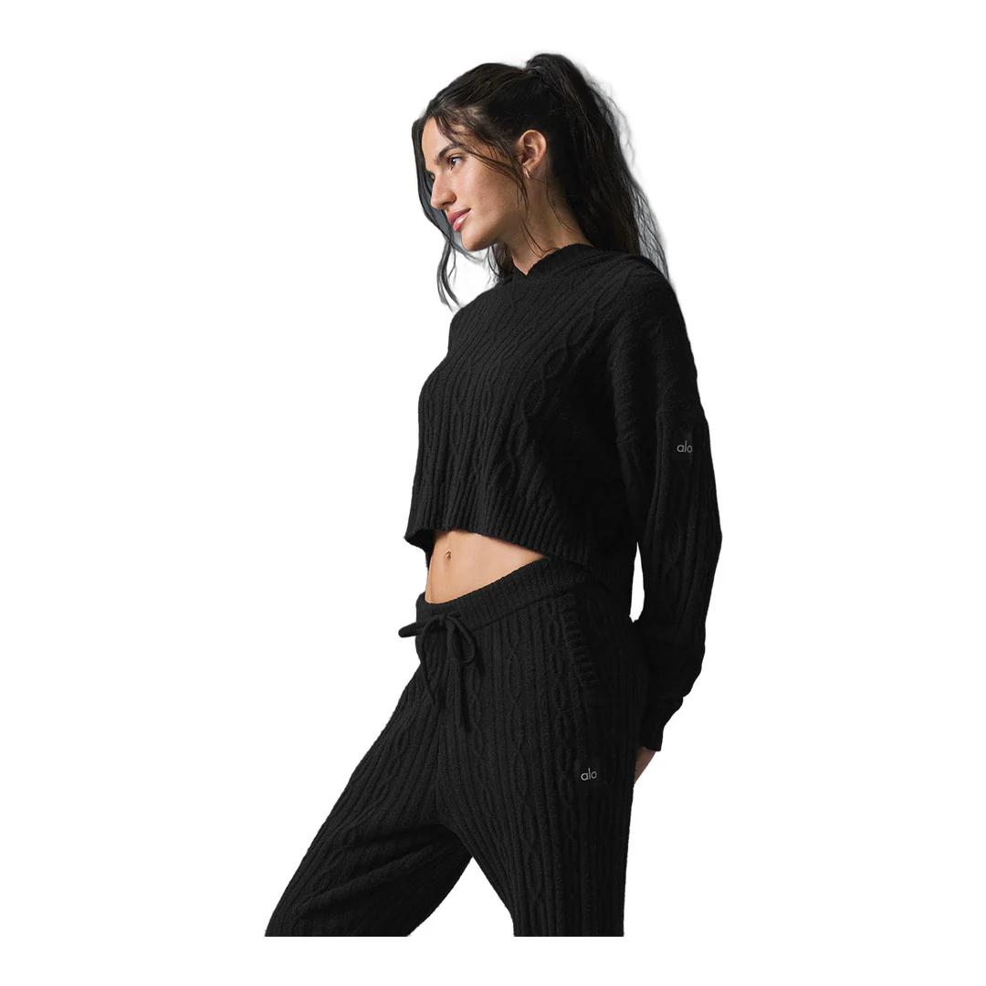 alo Cable Knit Winter Bliss Hoodie - Black - Image 2
