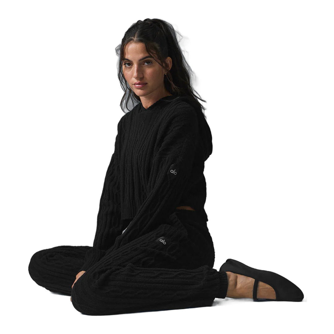 alo Cable Knit Winter Bliss Hoodie - Black - Image 4