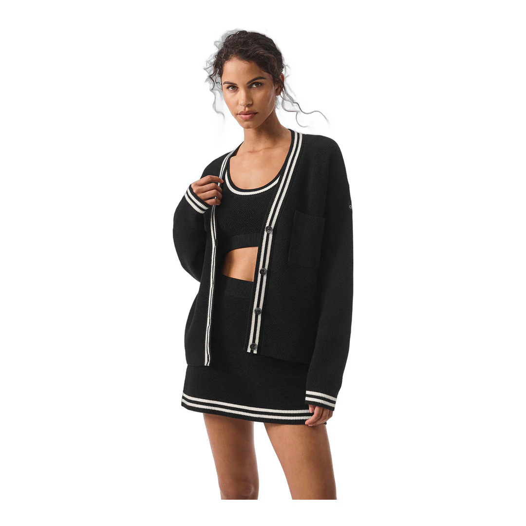 alo Tennis Club Sweater Knit Cardigan - Black/Ivory - Image 3