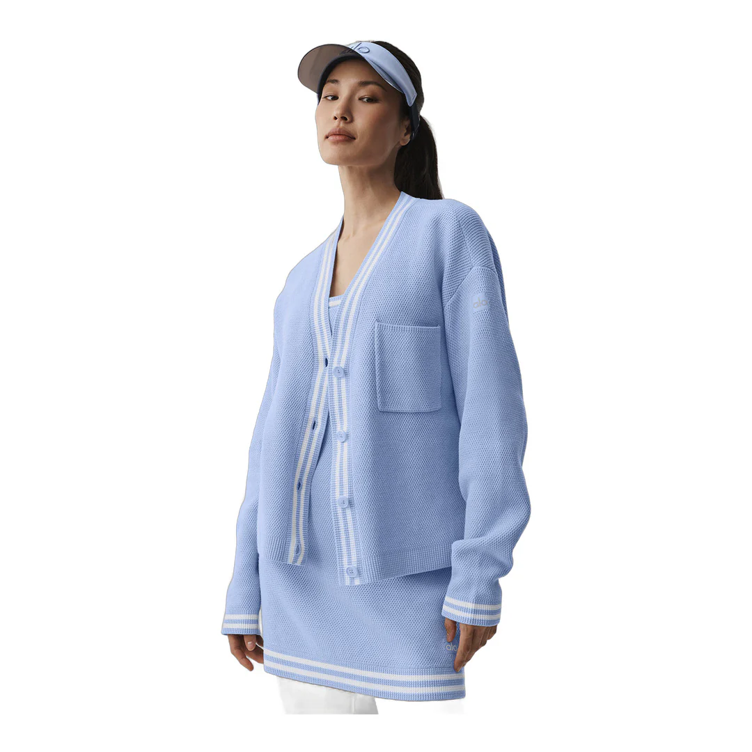 alo Tennis Club Sweater Knit Cardigan - Light Provence Blue/White - Image 3