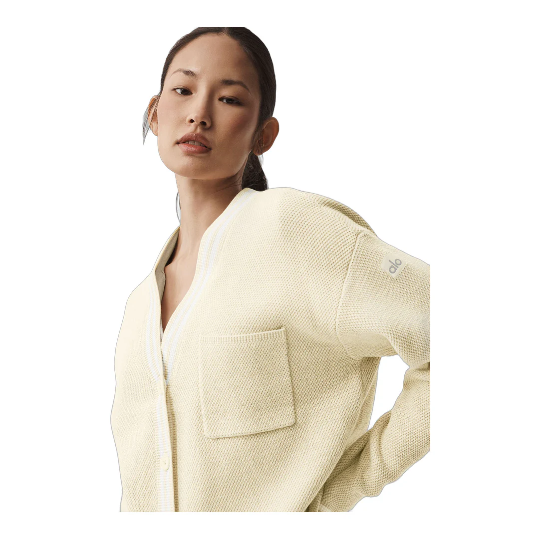 alo Tennis Club Sweater Knit Cardigan - Oatmeal/White - Image 4