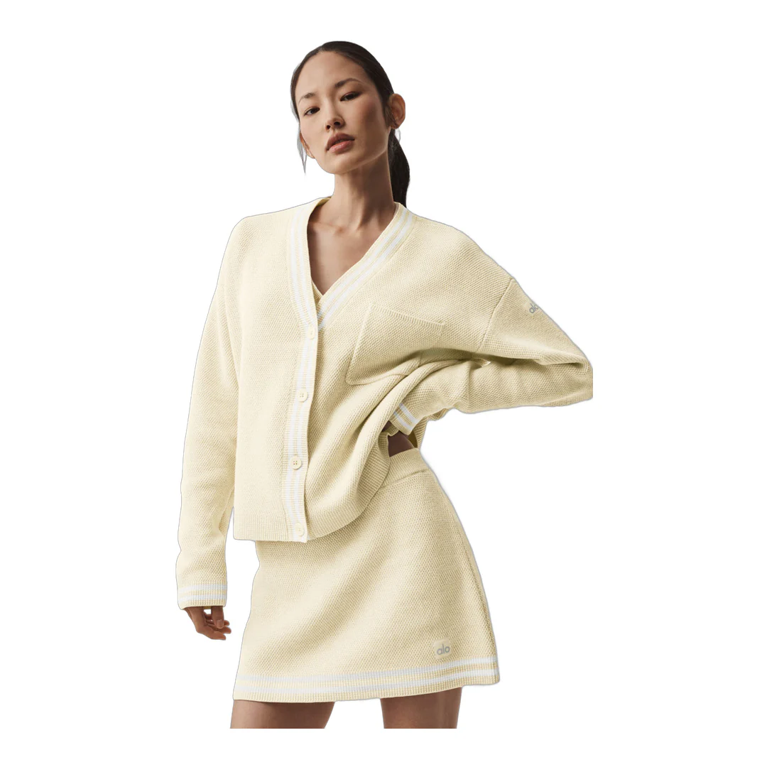 alo Tennis Club Sweater Knit Cardigan - Oatmeal/White - Image 5