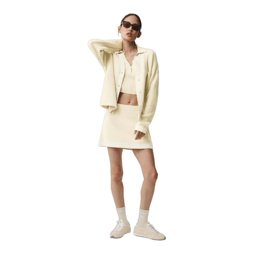 alo Tennis Club Sweater Knit Cardigan - Oatmeal/White - Image 6
