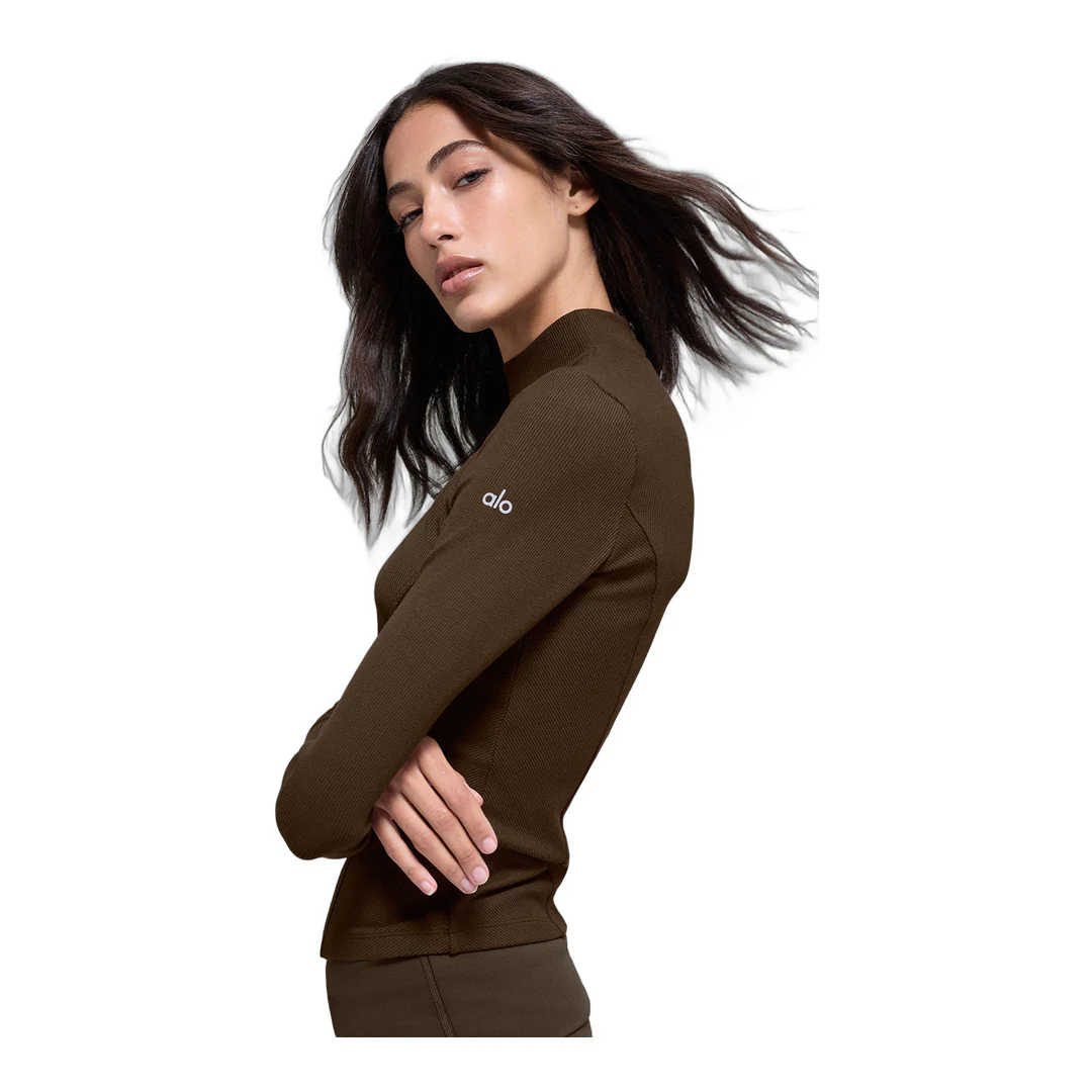 alo Ribbed Mesmerize Mock Neck Long Sleeve - Espresso - Image 2
