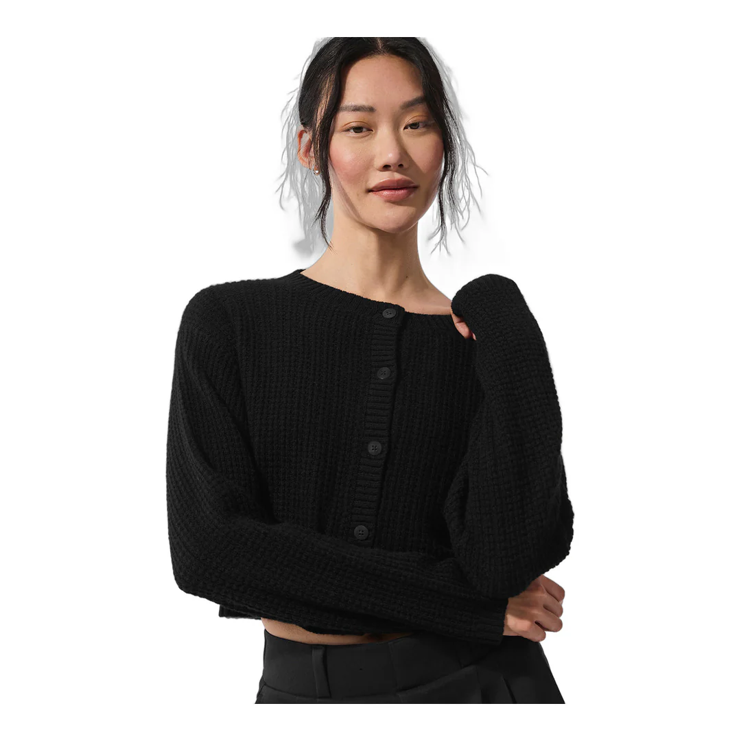 alo Cashmere Plush Waffle Cardigan - Black
