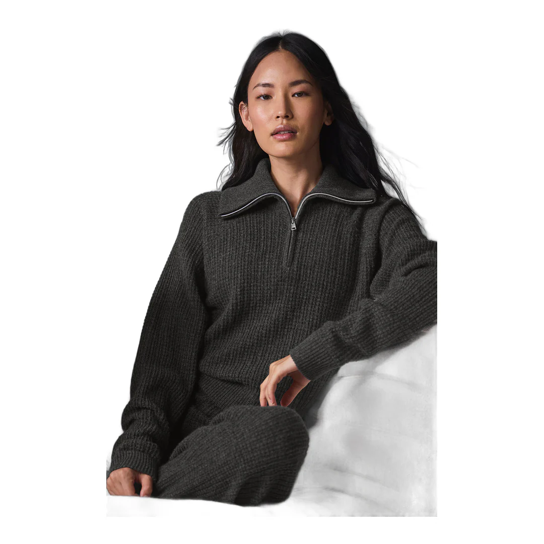 alo Cashmere Plush Waffle 1/4 Zip Pullover - Dark Heather Grey