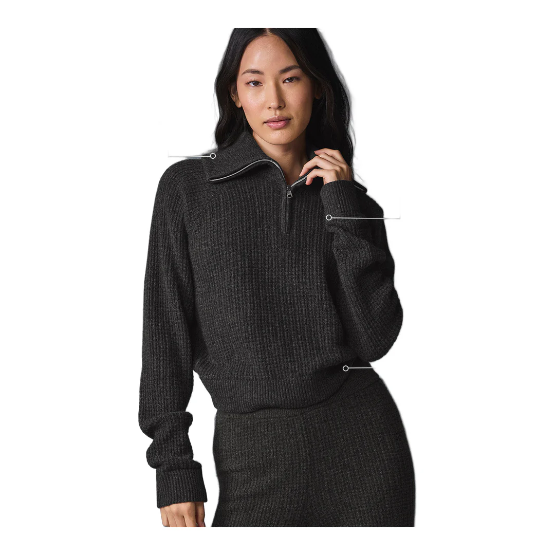 alo Cashmere Plush Waffle 1/4 Zip Pullover - Dark Heather Grey - Image 2
