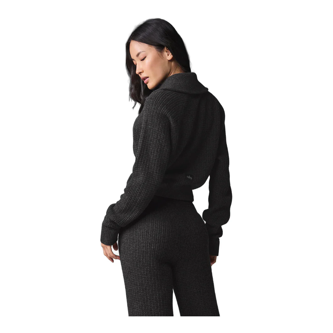 alo Cashmere Plush Waffle 1/4 Zip Pullover - Dark Heather Grey - Image 4