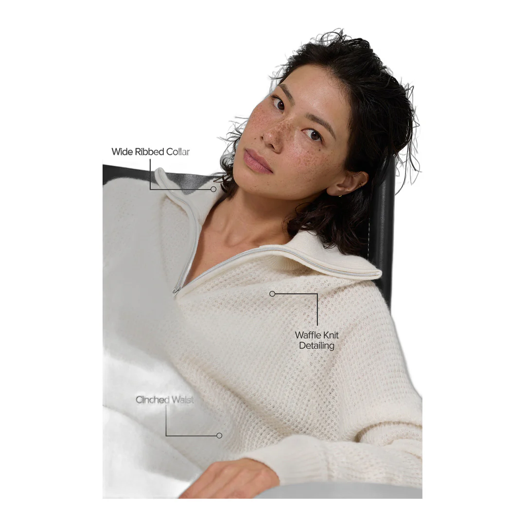 alo Cashmere Plush Waffle 1/4 Zip Pullover - Ivory - Image 2