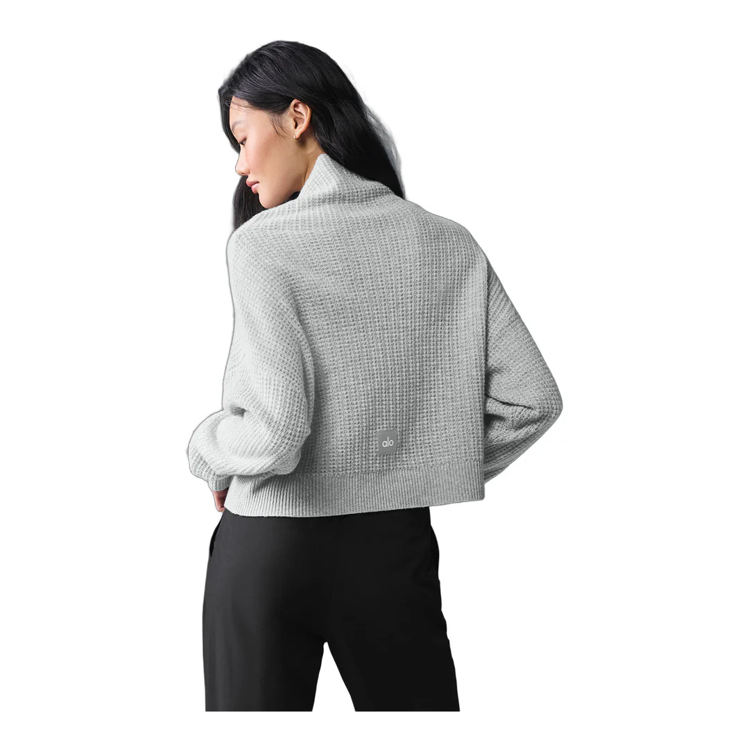 alo Cashmere Plush Waffle Turtleneck Pullover - Athletic Heather Grey - Image 3